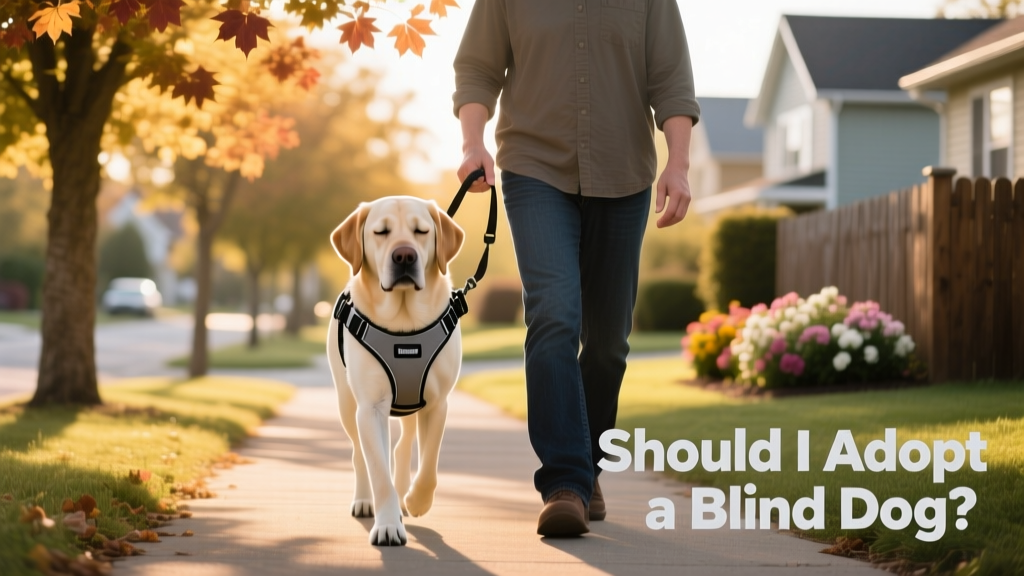 A blind dog wearing a supportive harness, walking calmly beside their owner on a quiet neighborhood path