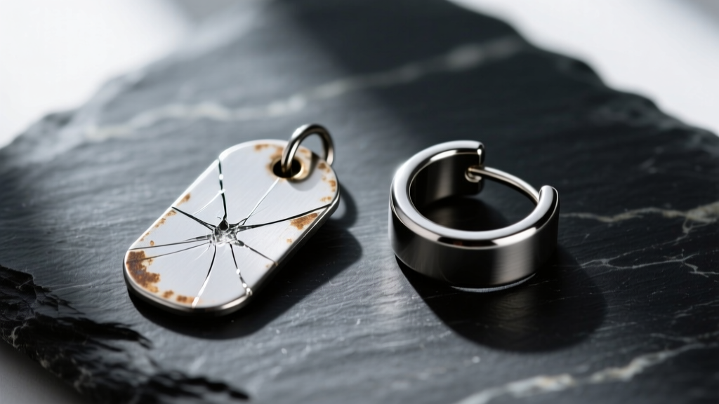Scratched alloy steel ear tag next to a pristine ASTM F136 titanium cattle tag earring, both resting on a dark slate surface.