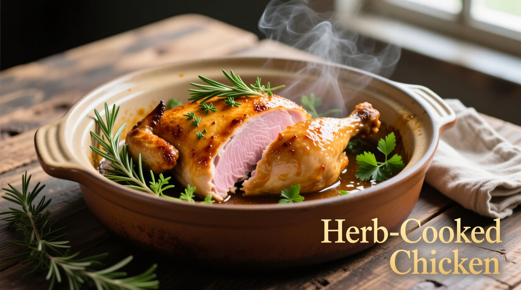 Juicy cooked chicken breast in crock pot with herbs