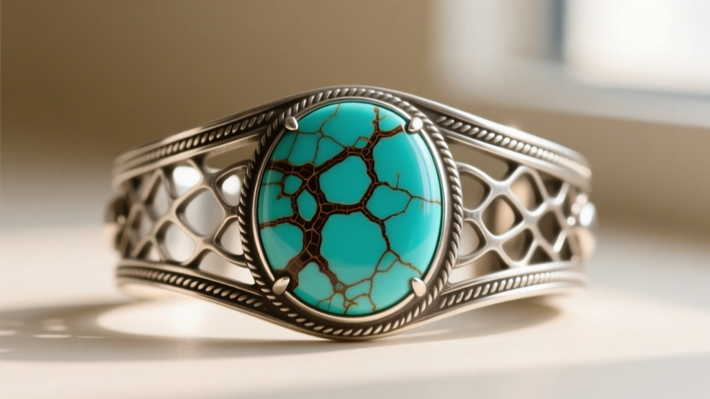 Close-up of a vintage sterling silver cuff bracelet featuring a large natural turquoise stone with dark brown matrix webbing.