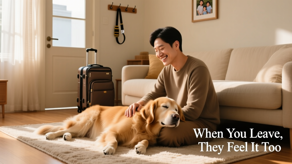 A calm, smiling pet parent gently petting their relaxed dog before a trip