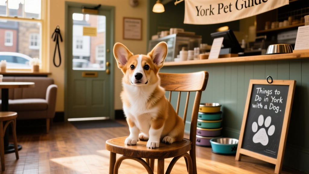 Welsh Corgi puppy sitting politely on a wooden chair in a sunlit, dog-friendly café