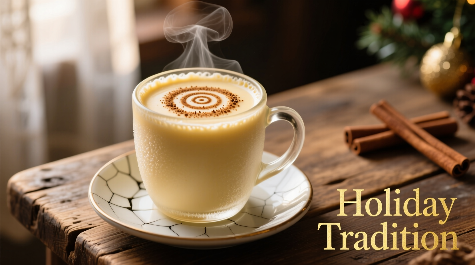 Glass of creamy eggnog with nutmeg sprinkled on top