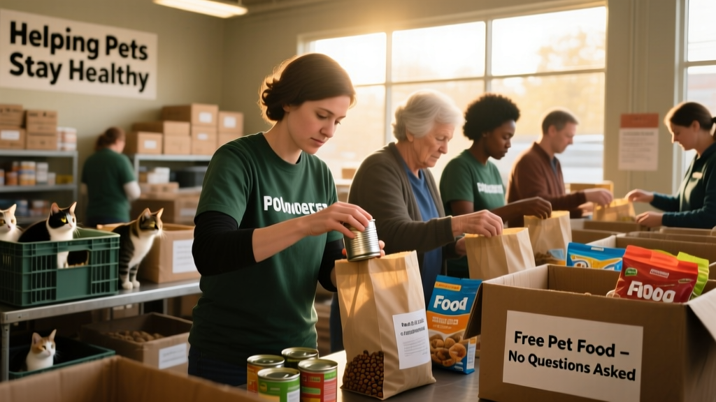 Volunteers packing bags of dry and wet pet food at a community pet food pantry