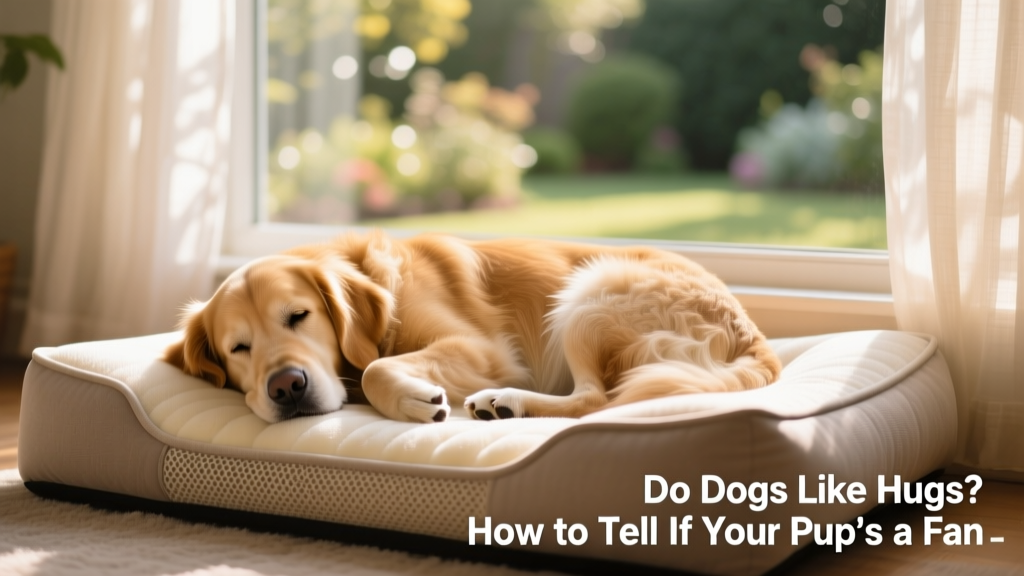 A dog curled up peacefully on a plush, supportive orthopedic bed beside a window, bathed in soft natural light