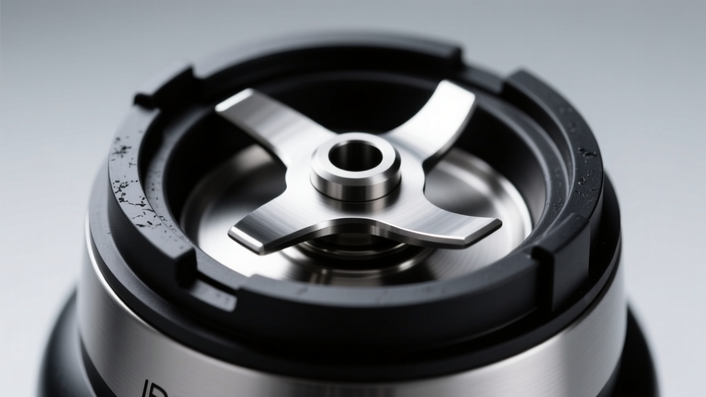 Macro shot of blender base showing black silicone gasket seal seated perfectly around the stainless steel blade assembly