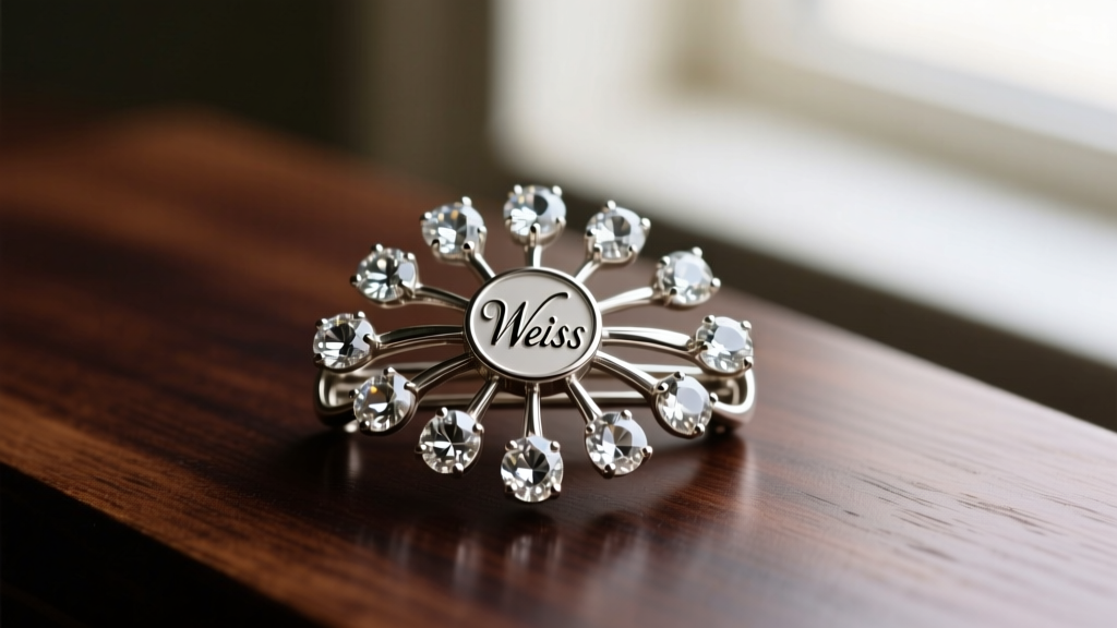 Macro shot of a 1960s Weiss brooch clasp showing the maker mark and silver prongs holding clear rhinestones in focus on dark wood