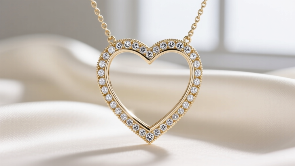 Macro shot of a white gold heart necklace bezel setting protecting small melee diamonds, shown against a soft ivory silk backdrop