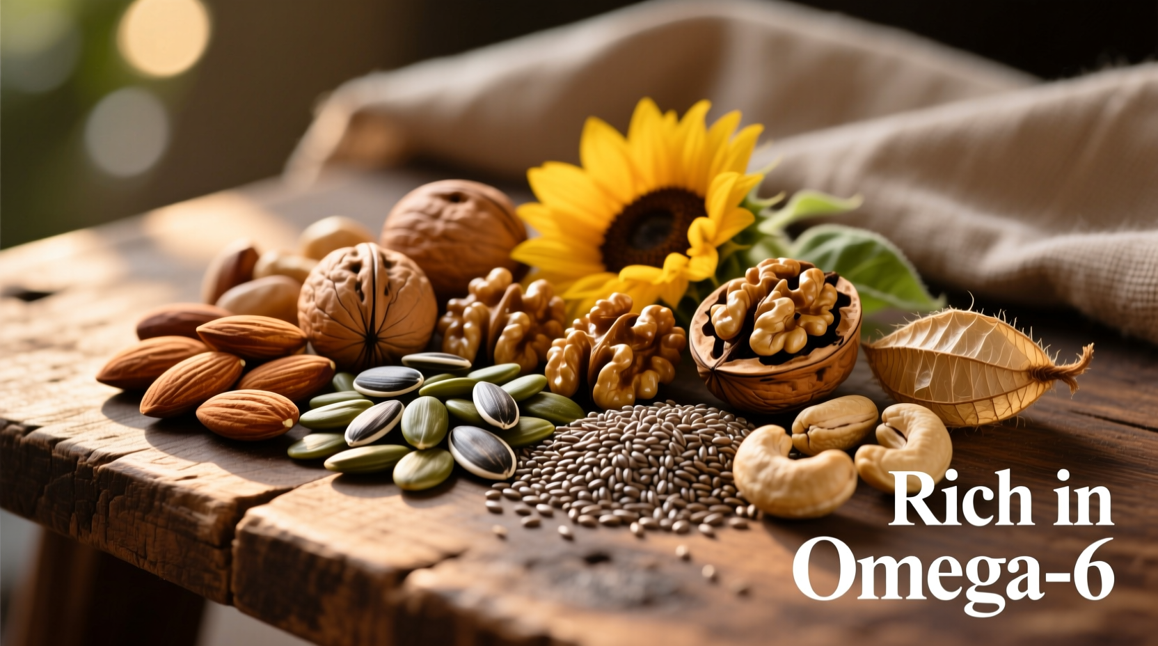 Colorful assortment of nuts and seeds rich in omega-6