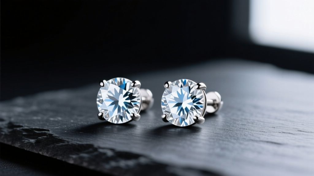Close-up of two 1-carat round brilliant diamond stud earrings in platinum martini settings on dark slate, soft lighting revealing facets.