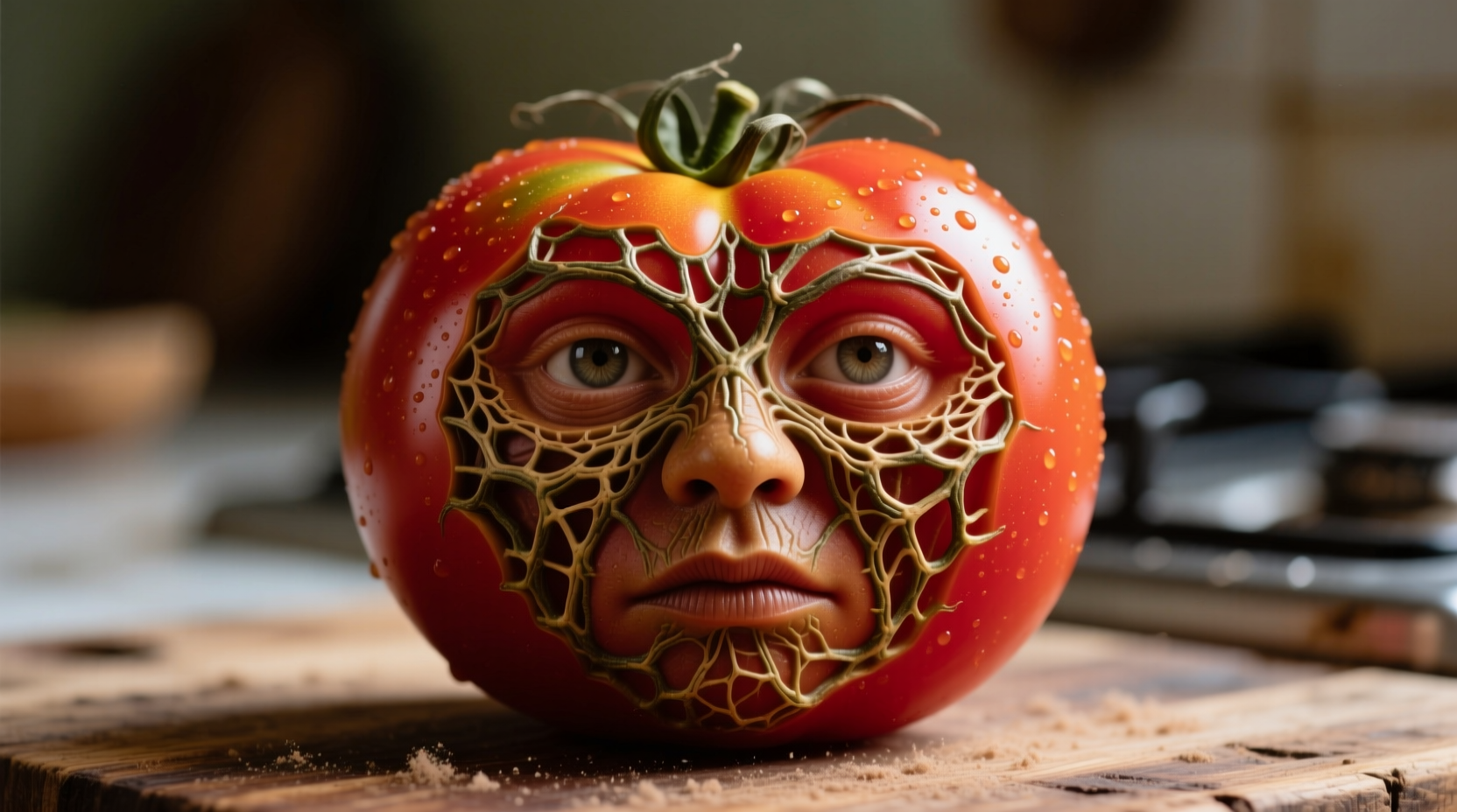 Close-up of naturally occurring face pattern on heirloom tomato