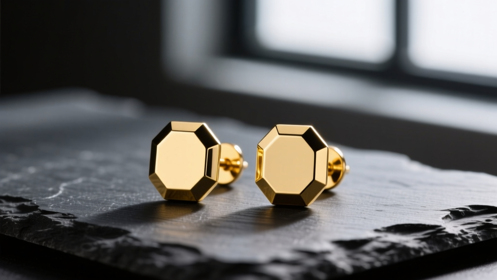 Macro shot of 14k yellow gold octagon stud earrings on dark slate, highlighting crisp geometric edges and polished finish
