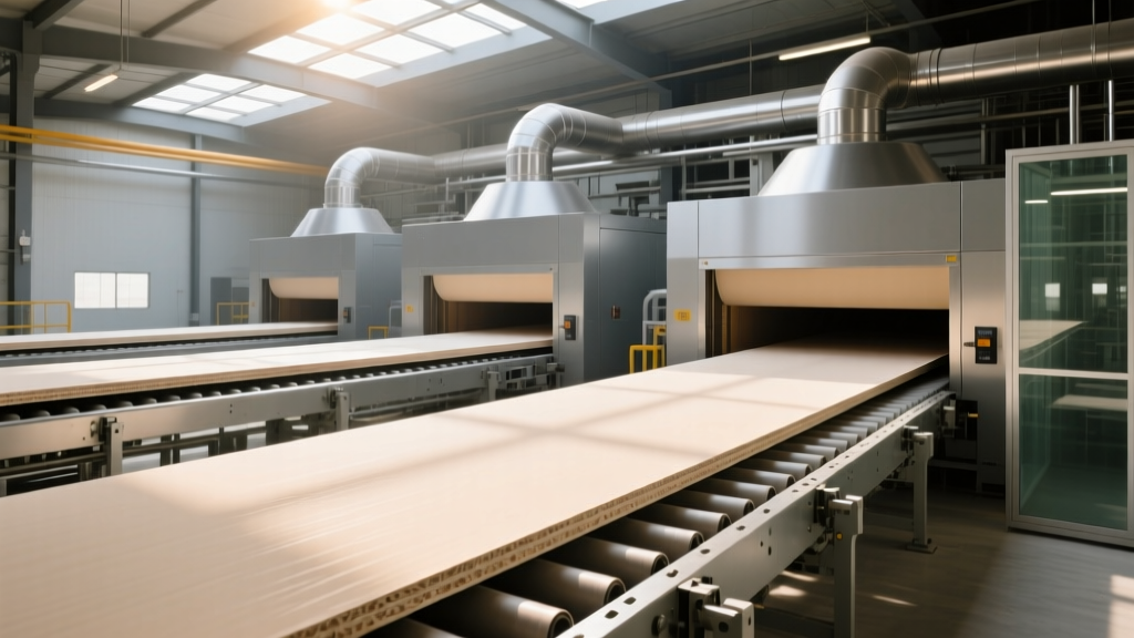 Wide view of modern gypsum board factory production line showing continuous drywall sheets moving through industrial kiln dryers
