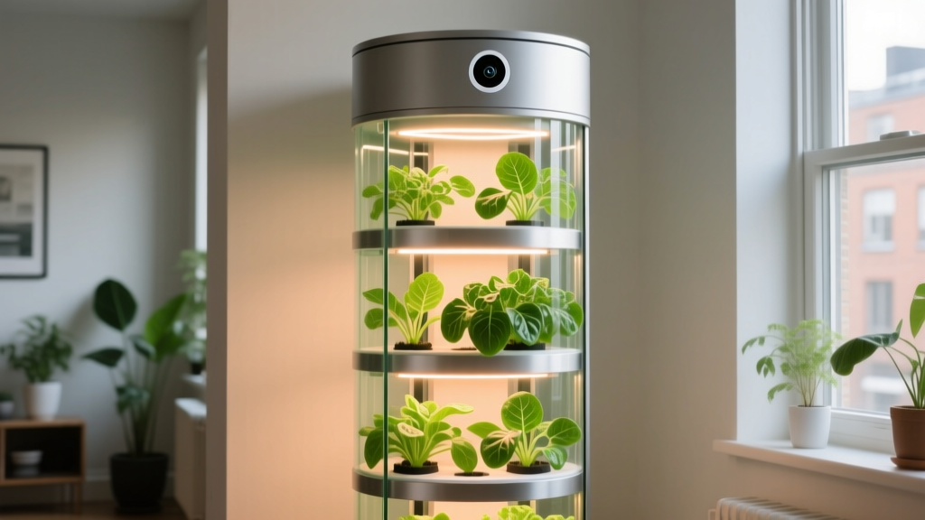 Vertical Gardyn hydroponic tower in a small urban apartment, highlighting the AI camera sensor and compact LED grow lights.