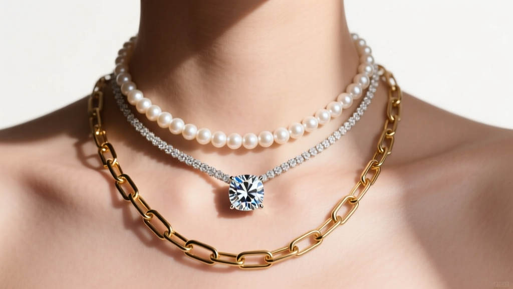 Styled neckline showing a 14-inch diamond solitaire layered with a 16-inch pearl choker and an 18-inch gold paperclip chain.