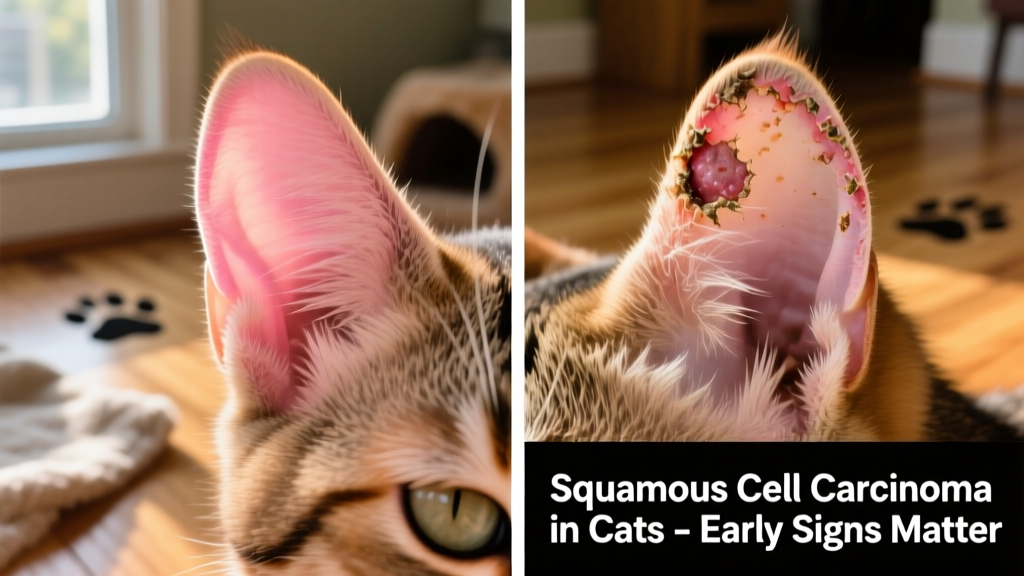 Side-by-side comparison: healthy pink ear tip vs. same ear with crusted, ulcerated lesion—highlighting progression of squamous cell carcinoma