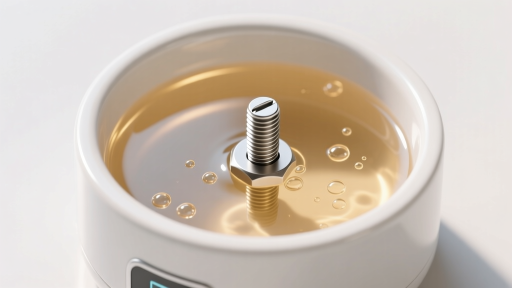 Overhead view of a small ultrasonic cleaner with warm water, safely washing a titanium internally threaded nose screw stud.