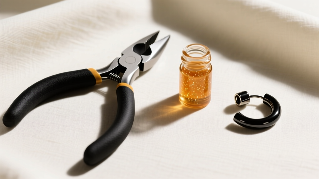 Flat lay of jewelry tools including nylon jaw pliers, micro-crystalline wax, and a 16-gauge black titanium clicker earring hoop.