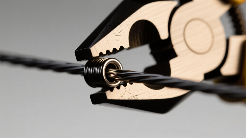 Crimping plier squeezing a 2x2mm sterling silver crimp tube onto a dark wire, captured in sharp focus under warm studio lighting.