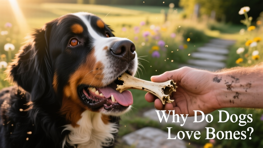 a hand placing a bone in a Bernese Mountain Dog's mouth