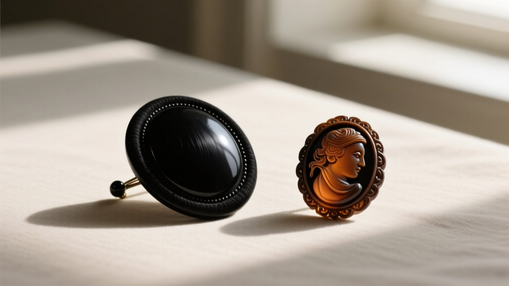 A matte black gutta-percha mourning brooch next to a polished vulcanite cameo showing subtle brown oxidation on the carved edges