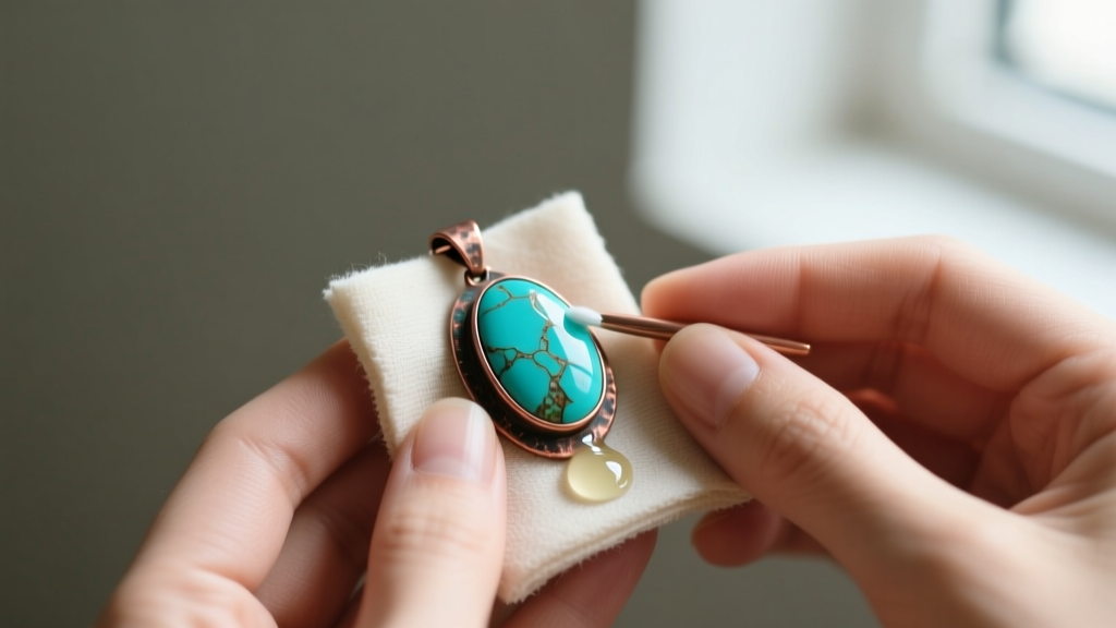 Close-up of hands using a soft microfiber cloth and mild soap to gently clean a raw turquoise pendant set in oxidized copper