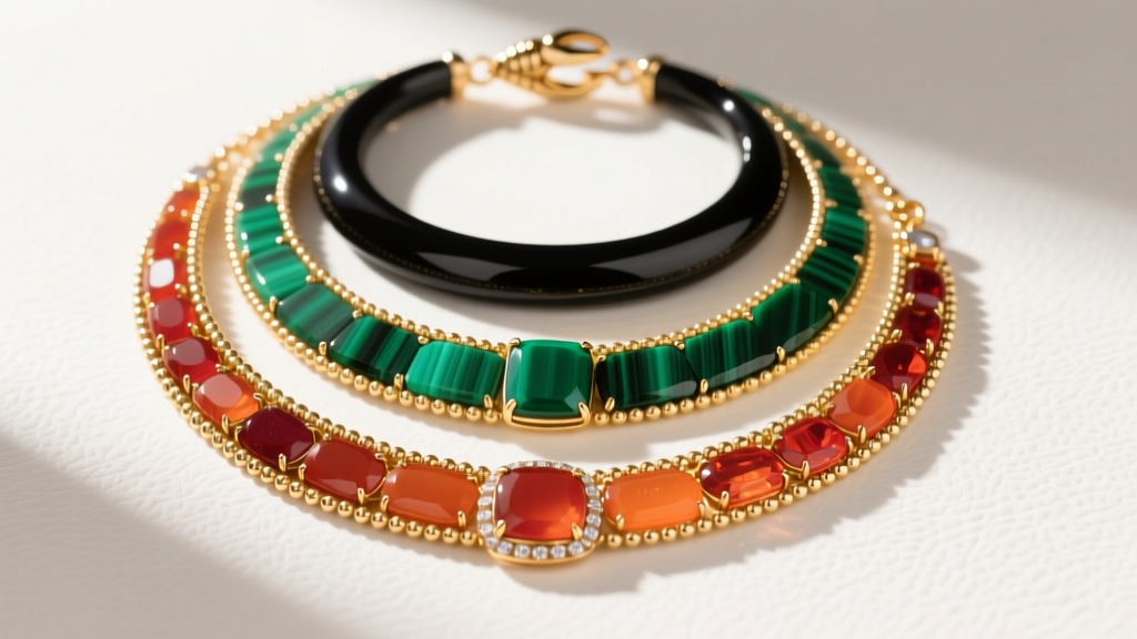 Stacked layering of three VCA Alhambra necklaces in onyx, malachite, and carnelian, showing beaded gold borders and lobster clasps.