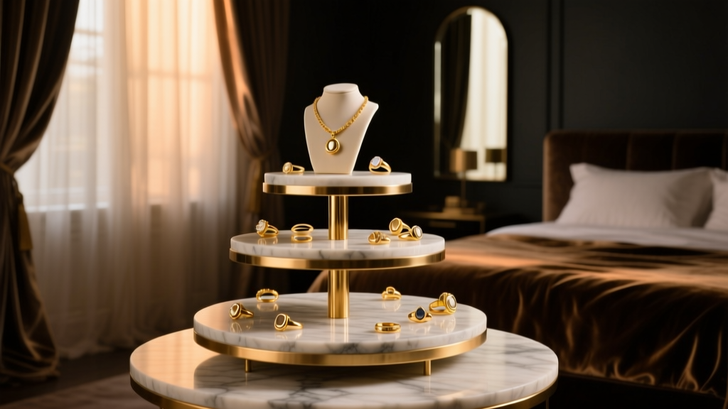 Brass and marble tiered stand holding gold necklaces and rings in a moody, dimly lit luxury bedroom with deep and rich warm shadows.