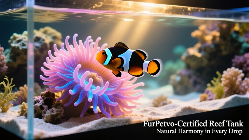 Percula clownfish and a fully expanded magnificent sea anemone thriving together in a FurPetVo-certified reef tank