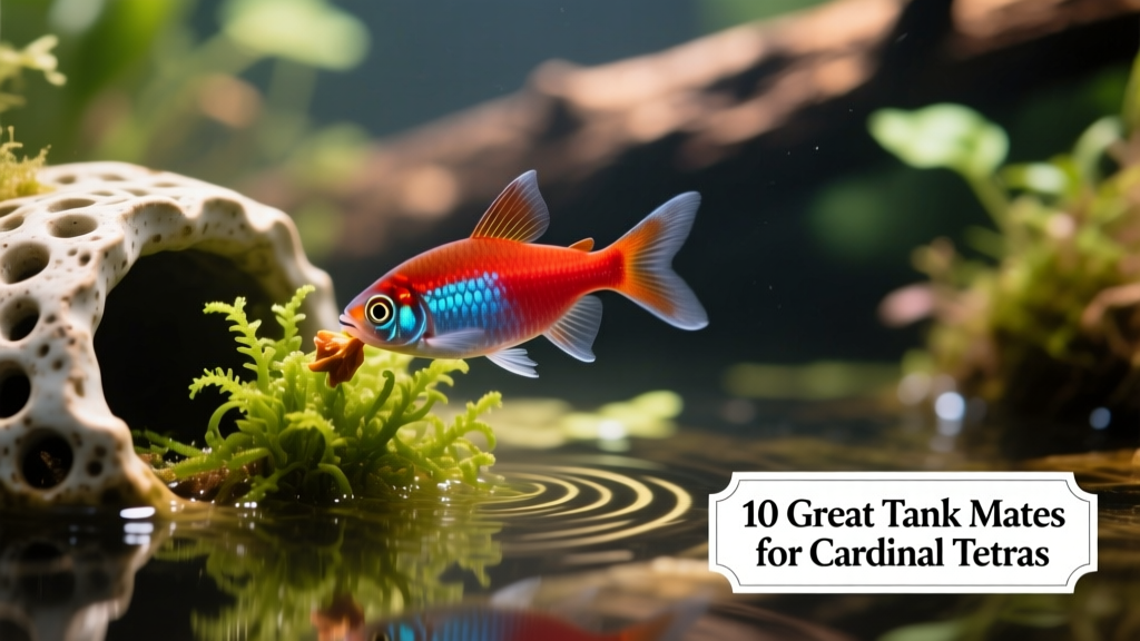 Close-up of cardinal tetras feeding near a cluster of java moss and ceramic caves