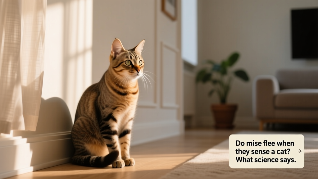 A domestic cat sitting alertly near baseboards, ears forward, suggesting heightened awareness of surroundings