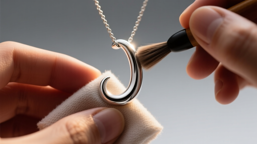 Hands using microfiber cloth to buff the curved hook of a bright sterling silver J necklace pendant under warm studio lighting