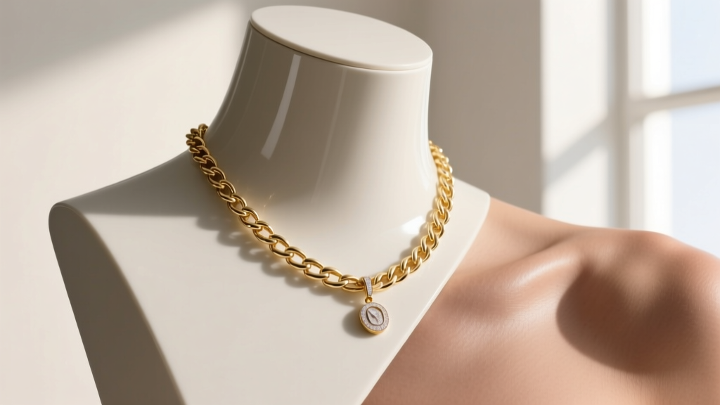 14k white gold pendant chain draping rigidly on a sloped fiberglass bust versus softly resting on natural human collarbones