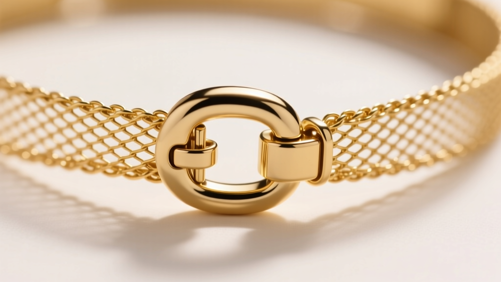 Close-up of a hidden magnetic box clasp on a gold mesh choker, showing seamless integration and a secure safety catch.
