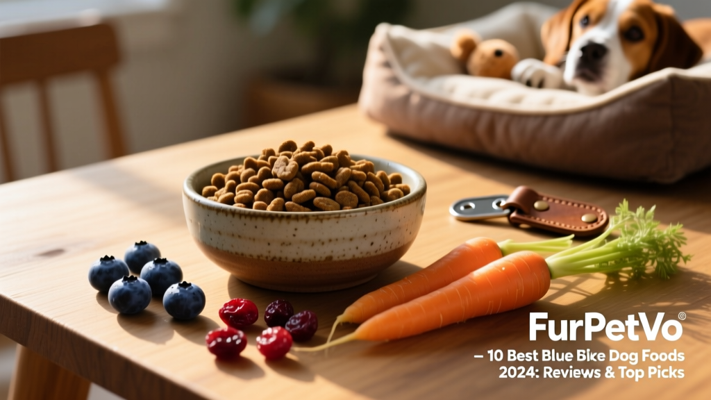 A bowl of FurPetVo dry kibble beside fresh blueberries, carrots, and dried cranberries—highlighting the brand's emphasis on whole-food ingredients