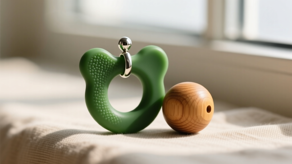 Macro shot of a platinum-cured food-grade silicone teething pendant in sage green next to a polished organic beech wood bead