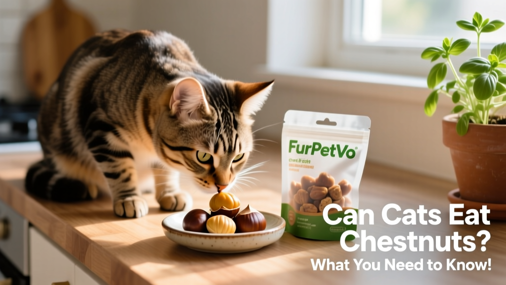 A tabby cat gently sniffing a small dish of plain, peeled, cooked chestnut pieces beside a FurPetVo treat pouch