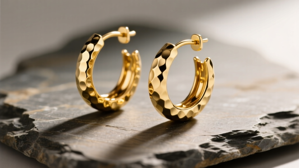 Close-up of 14k yellow gold hammered hoop earrings resting on raw slate, catching soft directional window light in a studio.