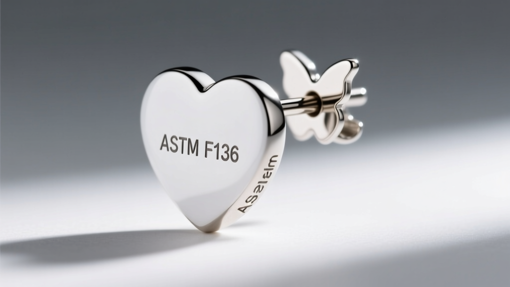 Extreme close-up of a white heart earring post and butterfly backing, highlighting a laser-engraved ASTM F136 titanium stamp.