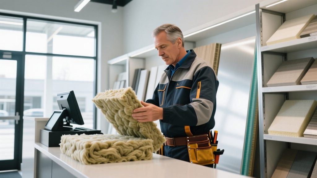 Contractor examining mineral wool batts and rigid foam boards at a commercial insulation materials store checkout counter