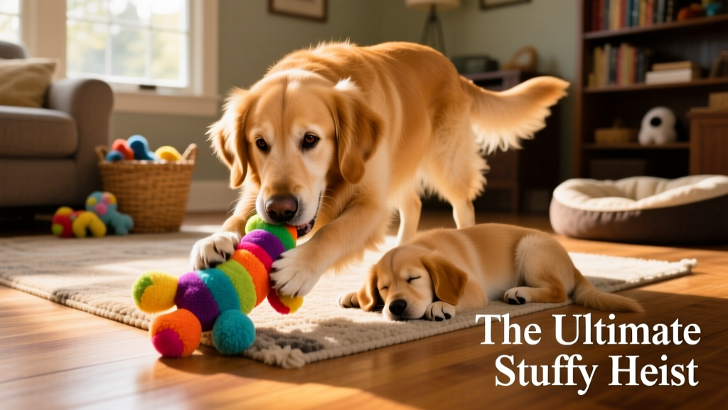 Golden Retriever Benny mid-heist, gently tugging a colorful stuffed toy away from his sleeping sister Remy