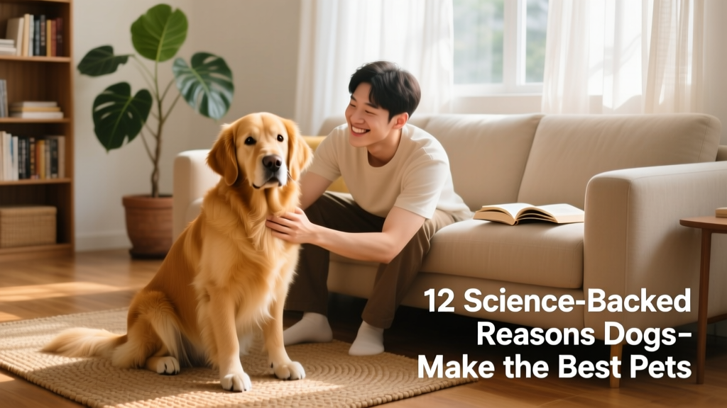 A person smiling while gently petting a calm, seated golden retriever in a sunlit living room