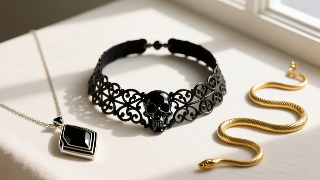 Flat lay of three vintage necklaces: a black jet Victorian mourning choker, an Art Deco onyx pendant, and a gold snake chain.