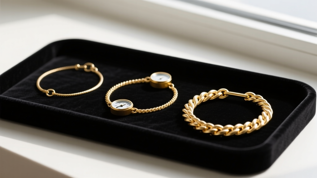 Flat lay of three gold chain gauges, from a 0.9mm cable to a 3mm rope chain, resting elegantly on a dark velvet jewelry tray.