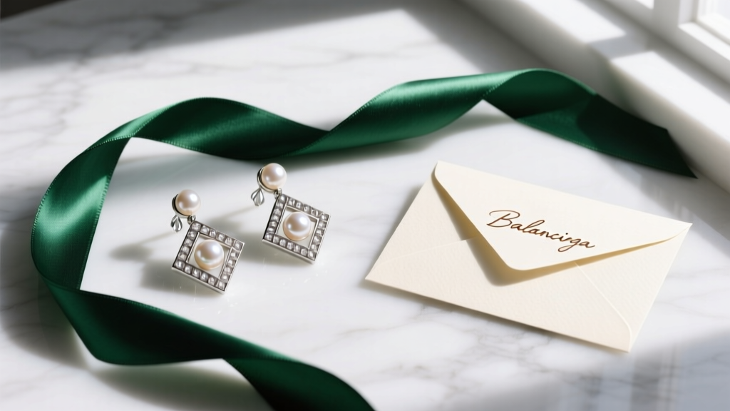 Flat lay of Balenciaga pearl-encrusted hardware chandelier earrings beside a silk ribbon and handwritten greeting card on marble