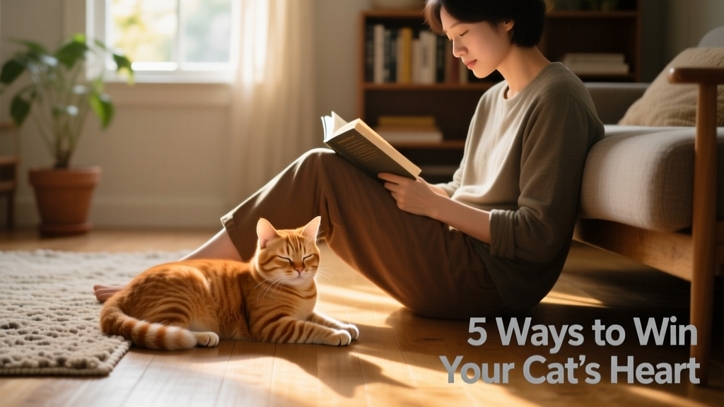Cat and human sitting side-by-side on floor, cat resting near person’s leg while person reads quietly — no direct interaction, mutual calm presence