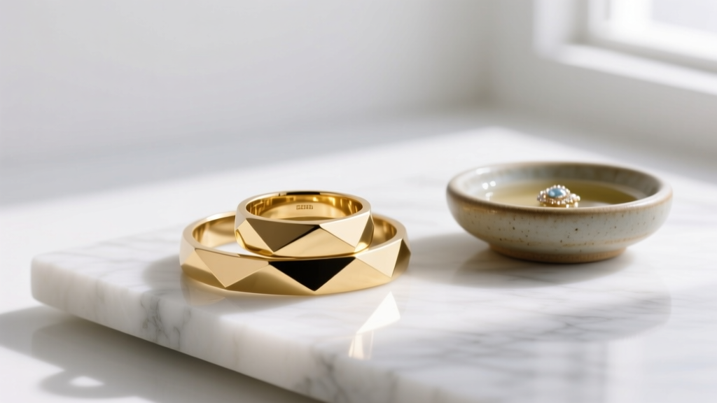 Minimalist 19.2k solid gold geometric ring and bracelet on white marble next to a small ceramic dish of jewelry cleaning fluid.
