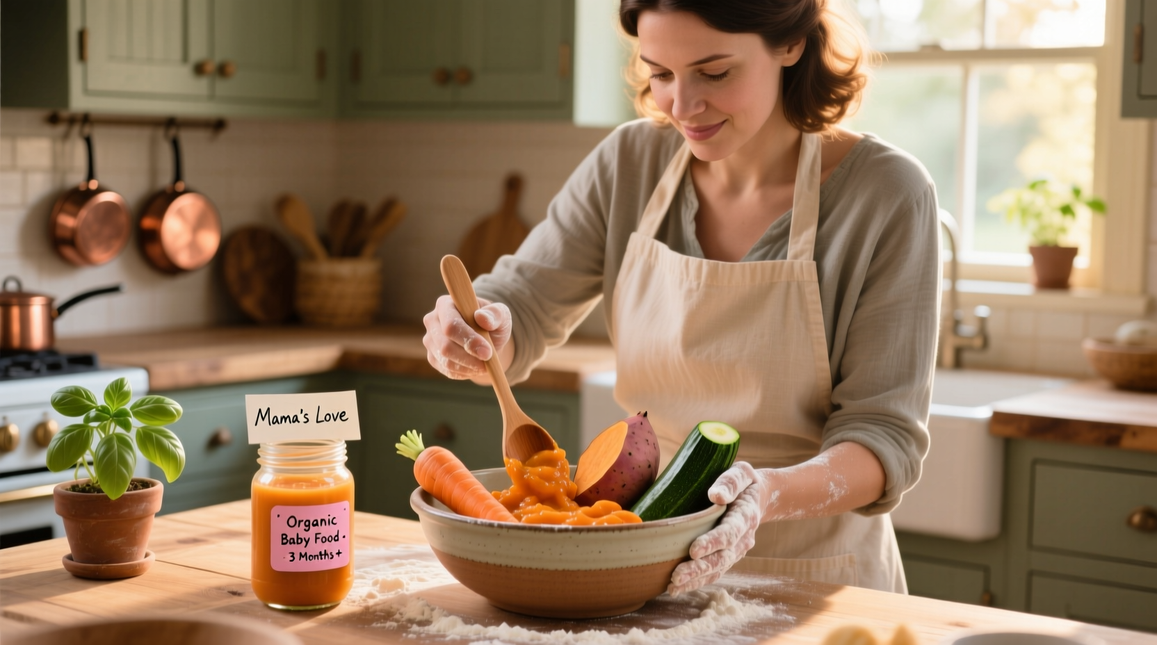 Mother preparing homemade baby food with steamed vegetables