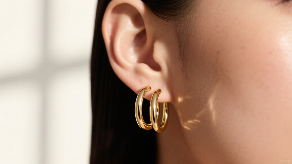 Close-up of an earlobe wearing an attached triple hoop 14k gold earring with three cascading rings against soft studio lighting