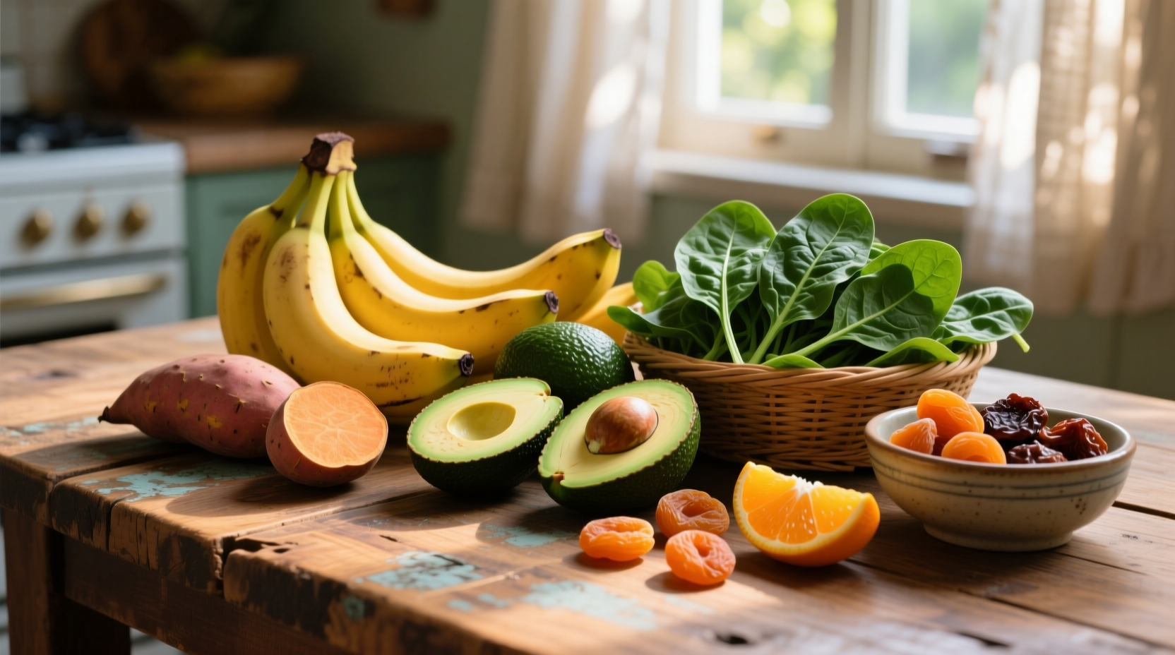 Colorful display of potassium-rich foods on wooden table